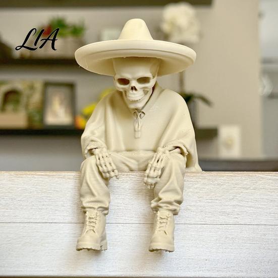 Spooky Aesthetic Office Ornaments 3D Printed Sitting Skeleton Shelf Sitter Figurine, Gothic Hat Desktop Cool Skull Art for Men Ornament, Trendy