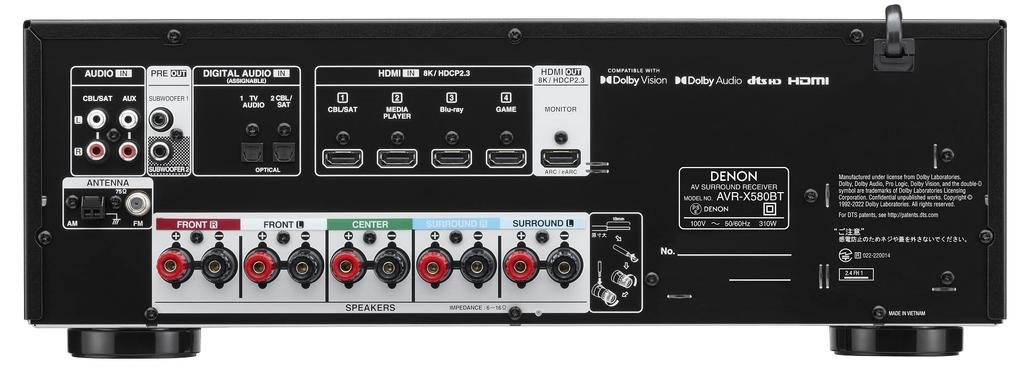 AV-ресивер Denon Surround 8K Ultra eARC AVR-X580BT 5.2-канальный HD, HDR10+, совместимый/черный AVR-X580BTK