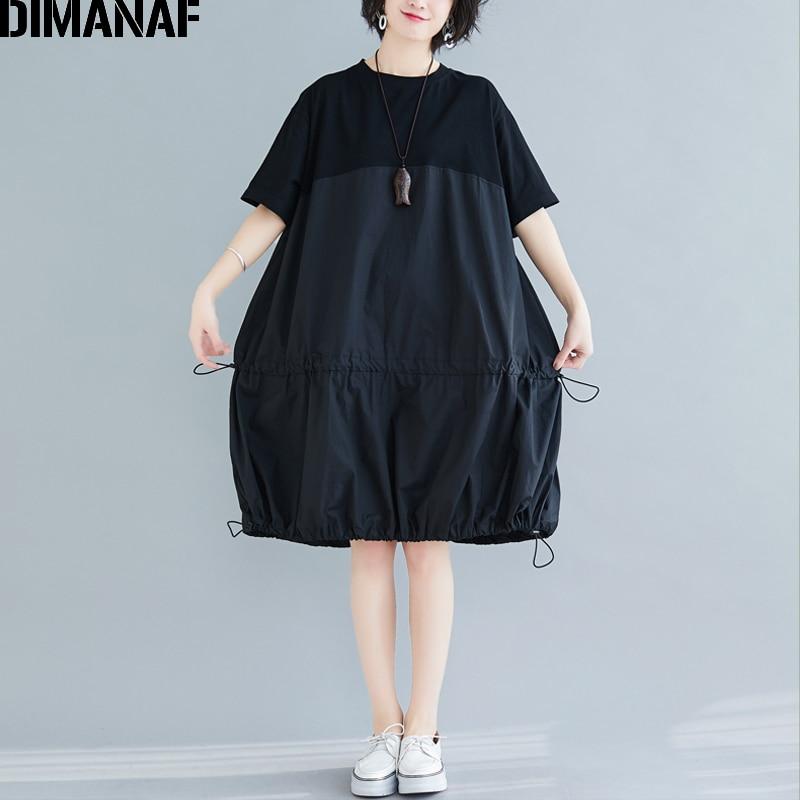 Dimanaf Женское платье больших размеров, летнее и весеннее хлопковое женское платье, свободная плиссированная одежда, повседневное сшитое платье, однотонный черный сарафан