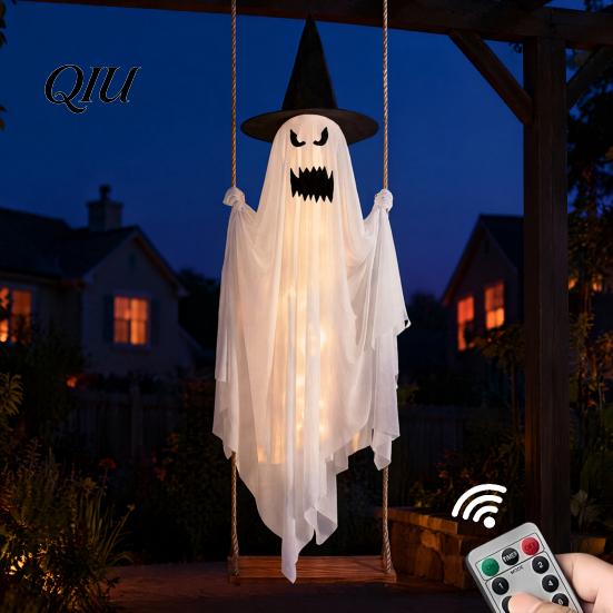 Swinging Ghost for Patio Trees Luminous Halloween Hanging Swing with Witch Hat, Remote-controlled Adjustable Durable Cloth Decoration Brightness,