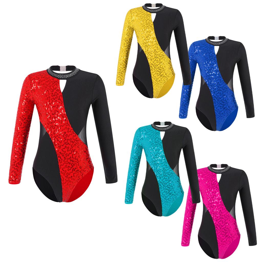 Детский гимнастический трико с открытой спиной для девочек, боди для фигурного катания с блестящими пайетками и длинными рукавами для танцев