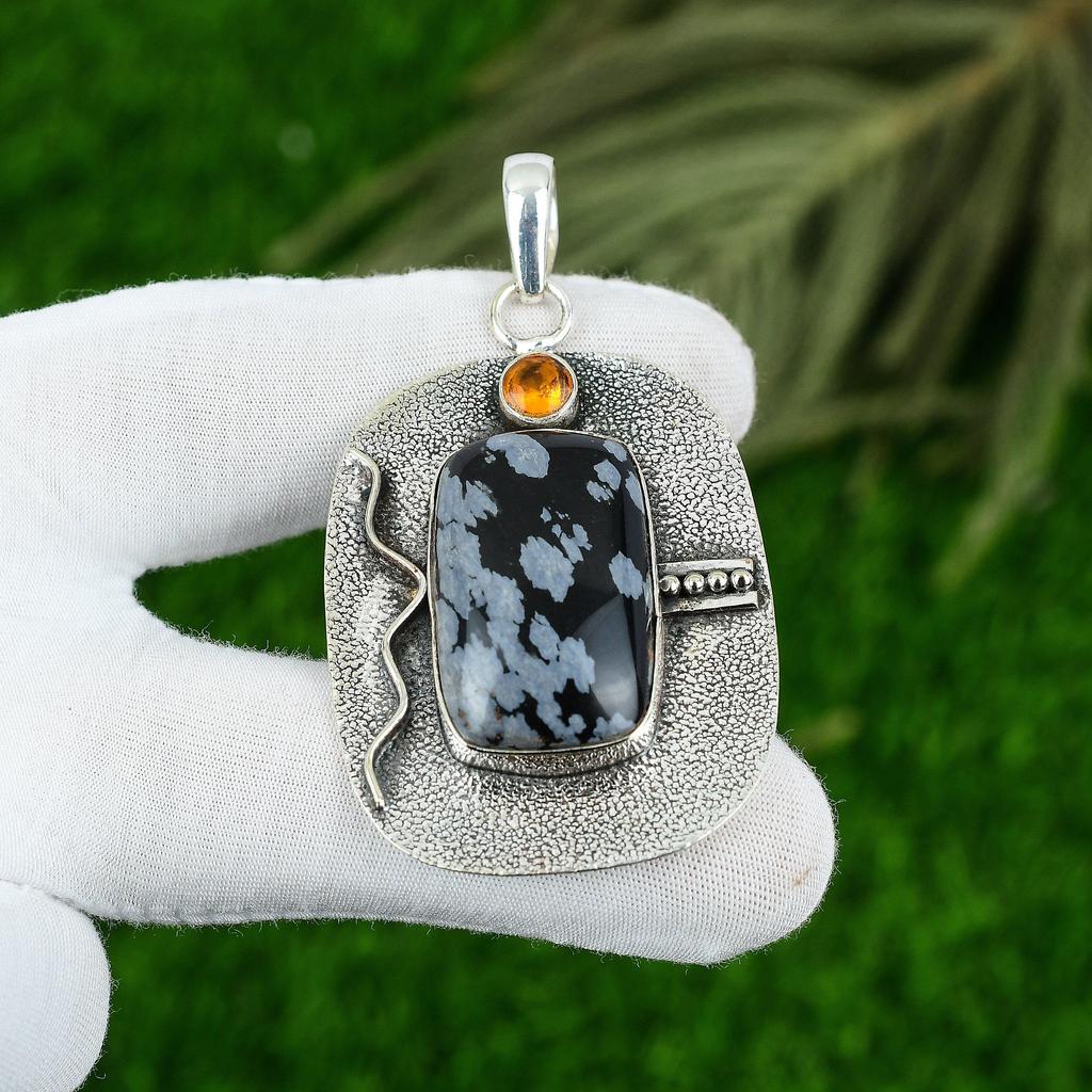 Radiant Snowflake Obsidian Gemstone Citrine Daughter Pendant Jewelry 925 Silver