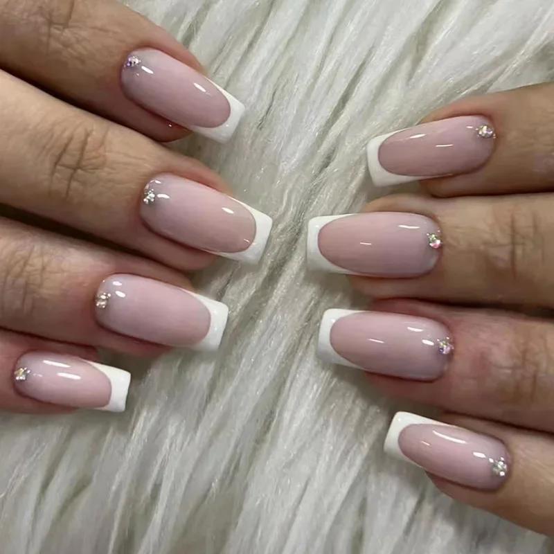 24Pcs Summer False Nails with White French Designs Long Ballerina Fake Nail Wearable Coffin French Nails Tips Press on Nails