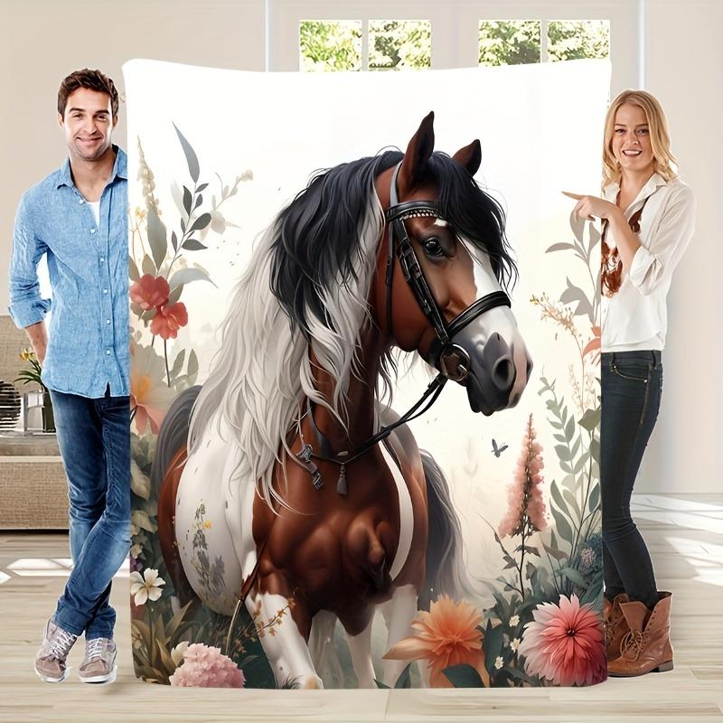 Spring Floral Horse Fleece Blanket Boho Equestrian Style Throw Blanket Soft Cozy for Country Home Decor Spring Outdoor Lounging