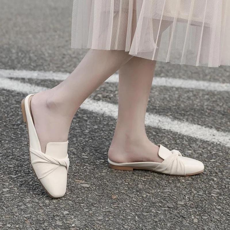 Fashion Luxury Woman Mules Summer Close Toe Women Slippers Bowtie Lazy Slides Flat Heel Girl Slippers Korean Outdoor Flip Flops