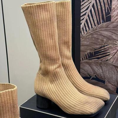 Модные остроносые эластичные ботильоны-носки на высоком каблуке, женская обувь, тренды 2025, модные вязаные дышащие облегающие ботильоны на толстом каблуке, черные, сексуальные