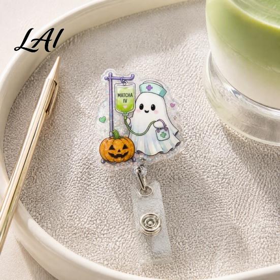 Halloween Office Decor Retractable Badge Reel Ghost Black Cat And Pumpkin Design Acrylic Id Reel 360 Degree Rotating ID Holder for Nurses Staff Card
