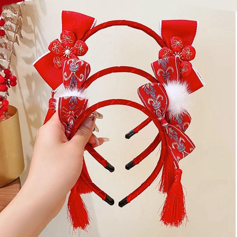 Flower New Year Hair Band Tassel Chinese Style Headdress Cute Red Bow Headband Girl