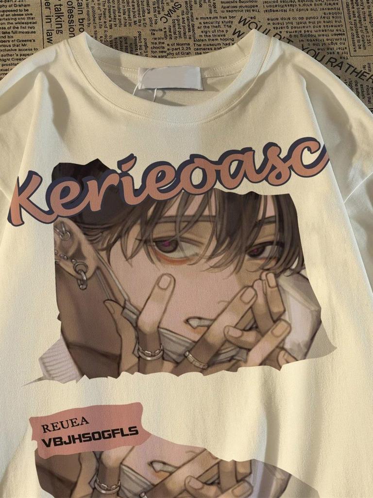 Унисекс Японская Ретро Аниме Мультяшная Свободная Футболка - Доступны Большие Размеры