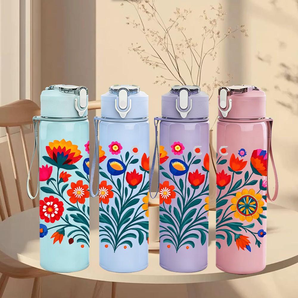 1PC Bright Folk Floral Bouquet Print 750ml Color Plastic Sports Water Bottle Leakproof Flip Straw Lid Suitable for Sports Office Home Use