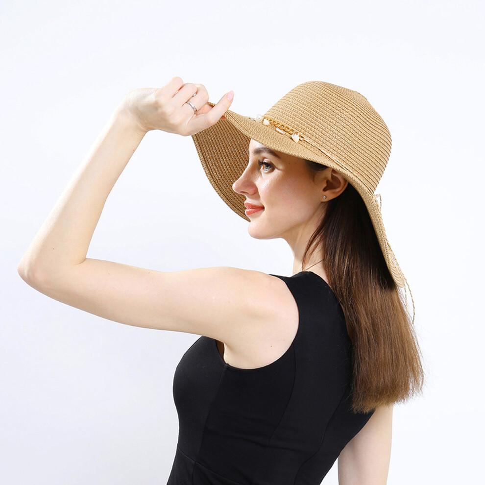 (One Size, Khaki) Women's Summer Straw Hat Large Brim Floppy Beach Cap Lightweight Sun Hat with Seashell Chain