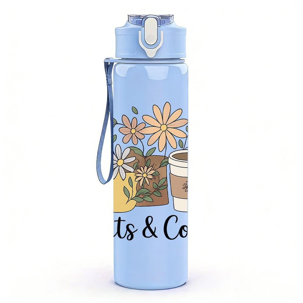 1PC Plants And Coffee Pot Art 750ml Color Plastic Sports Water Bottle Leakproof Flip Straw Lid Suitable for Sports Office Home Use
