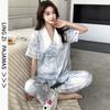 1011 New Ice Silk Pajamas Women's Cardigan Lapel Print High-end Casual Three-piece Loungewear Can Be Worn Outside