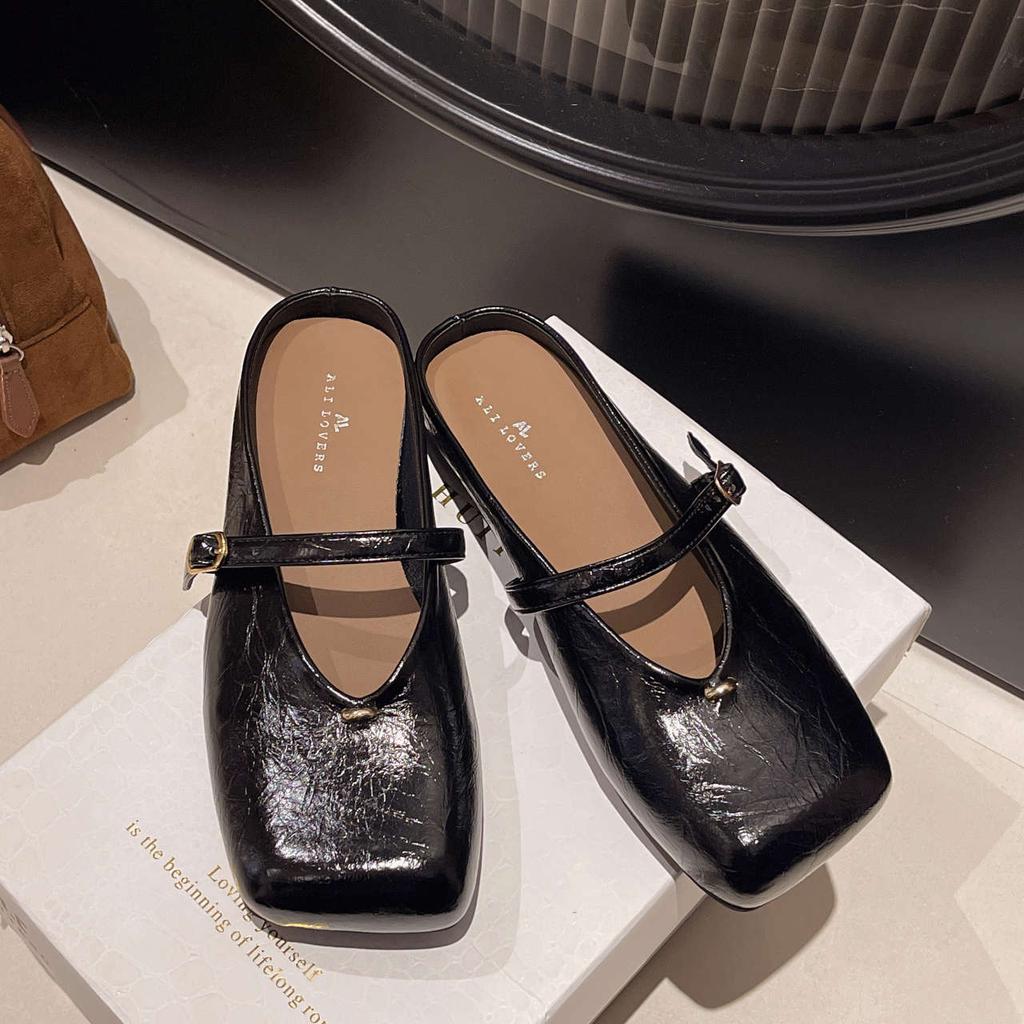 Мэри Джейн на плоской подошве, сумка-голова, полушлепки, женская уличная обувь, весна-лето 2025, новая обувь на мягкой подошве с квадратным носком, сандалии