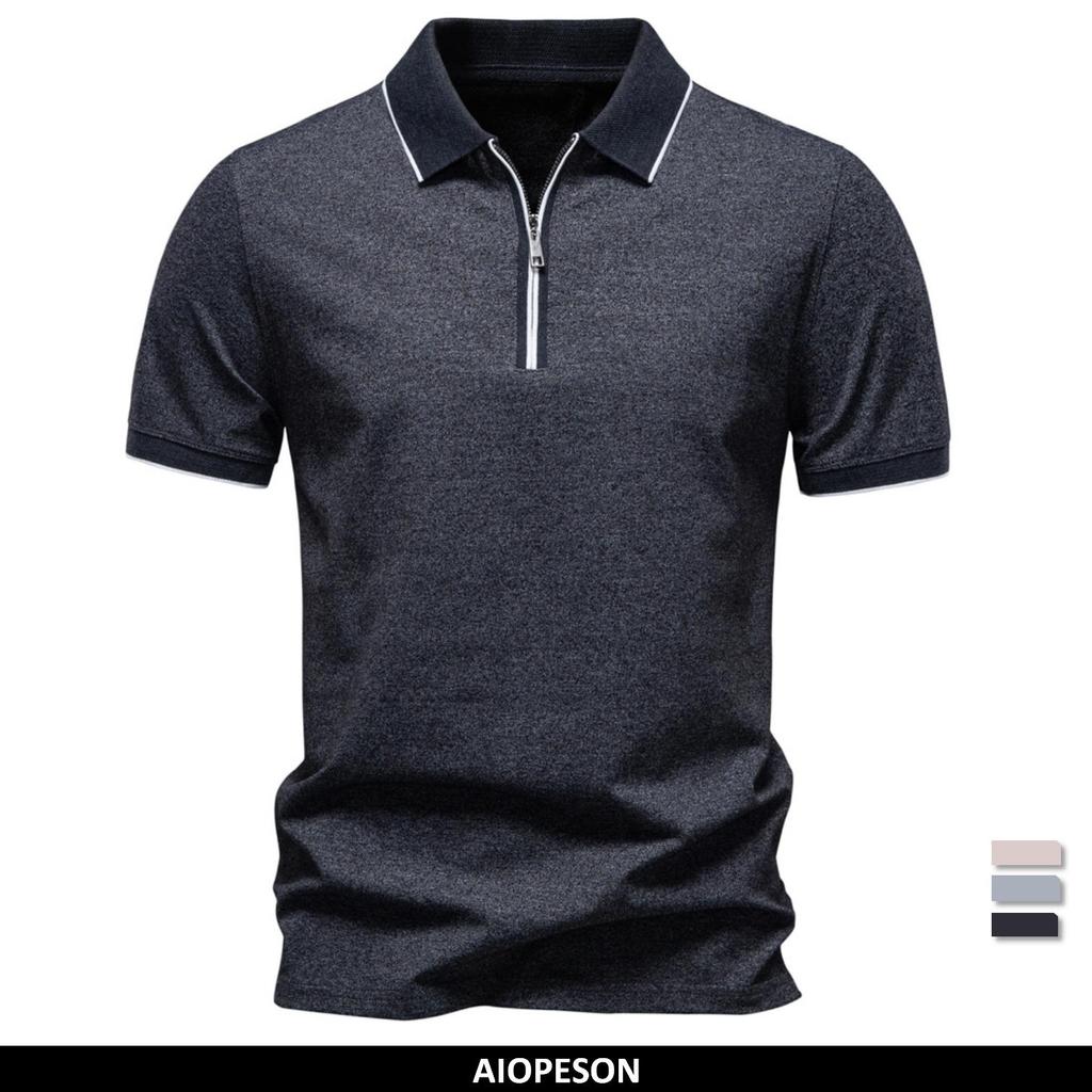 2026 Men's Polo Shirts Cotton Blend Short Sleeve Solid Color Zippered Polo Soft Breathable Casual Polo Shirt for Men