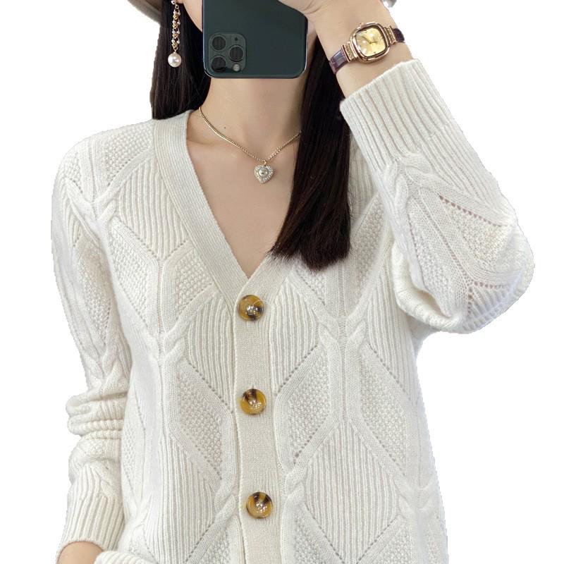 Women's Long Sleeve V-Neck 100% Pure Wool Cardigan - Autumn/Winter Loose Knit Sweater Coat