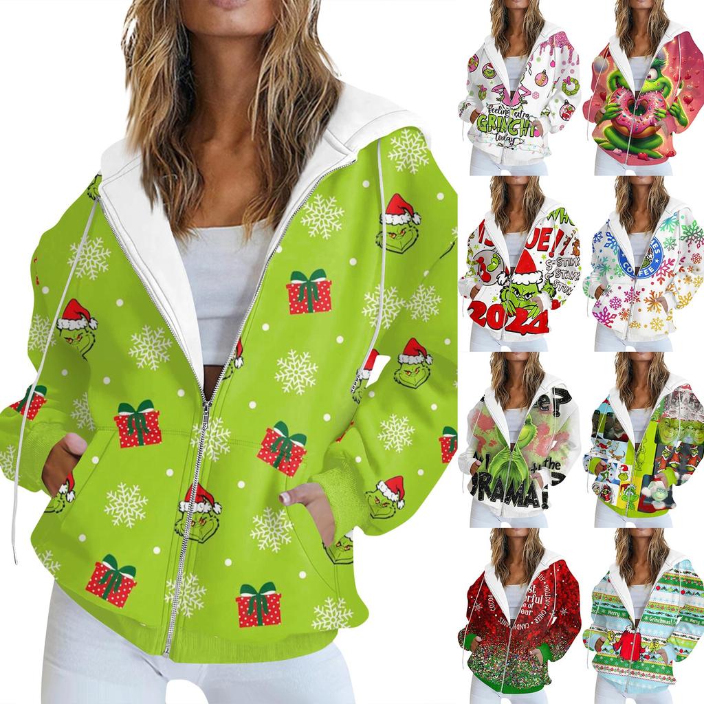 Women's Fashion Casual Christmas Print Long Sleeve Sweatshirt Pocket Jacket Zipper Hoodie Coat