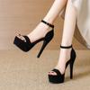 Fashion 2025 Summer Ultra High Heels Platform Sandals Women Ankle Buckle Strap Club Stripper Pole Dance Shoes Black Silk Pumps