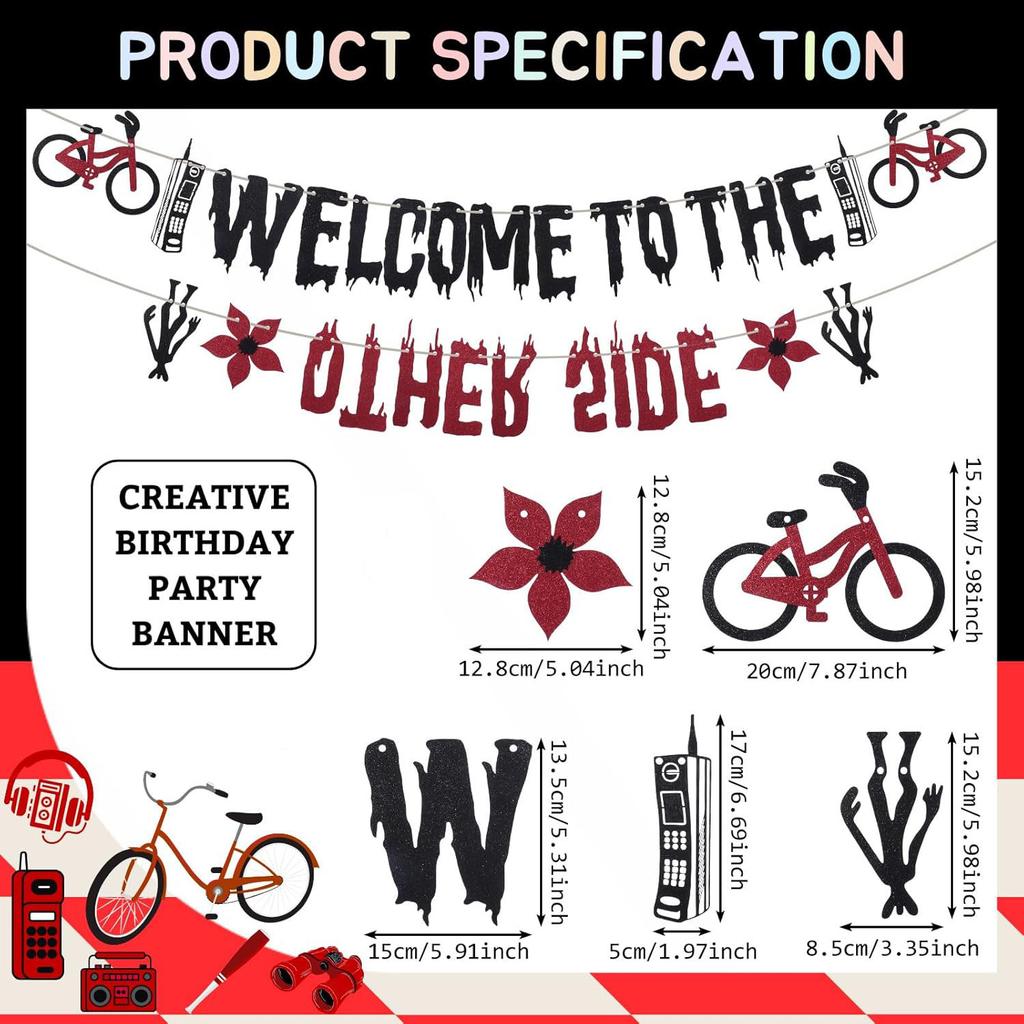 BEPAN Glitter Welcome to the Other Side Banner for Birthday Party Decorations Upside Down Banner Stranger Party Decorations for Spooky