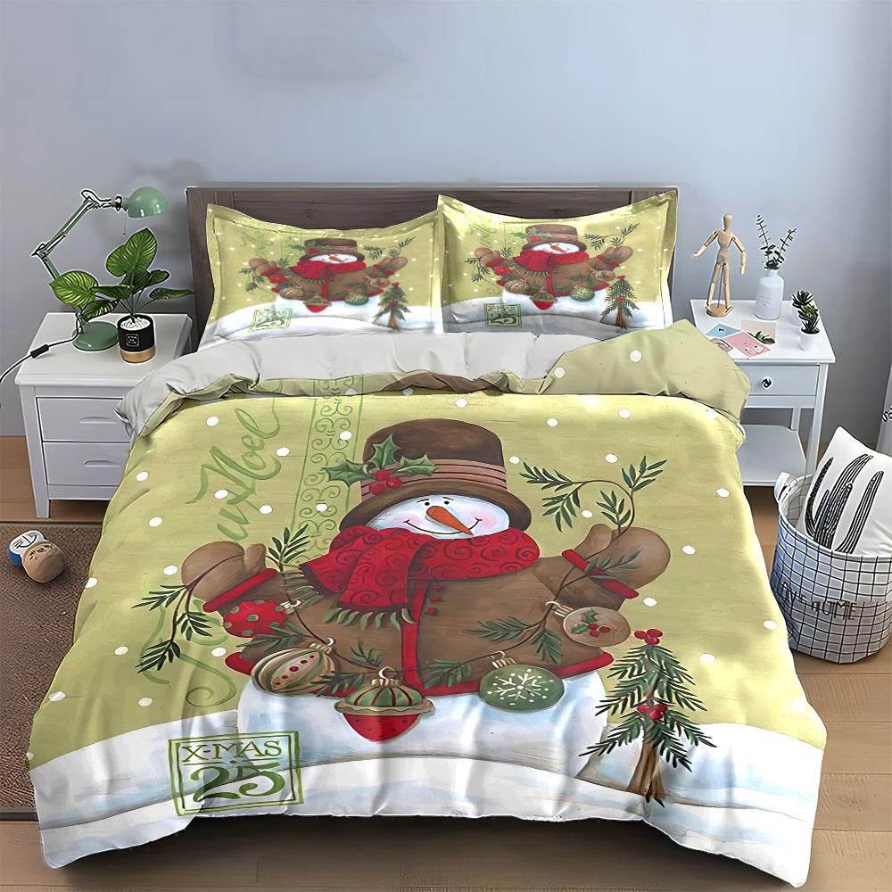Festive Snowman with Ornaments Bedding Duvet Cover Set Duvet Cover Pillowcases  (1*Duvet Cover 2*Pillowcases, without duvet insert)