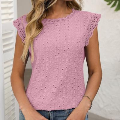 Женская однотонная кружевная рубашка с вырезом и коротким рукавом, летняя повседневная футболка