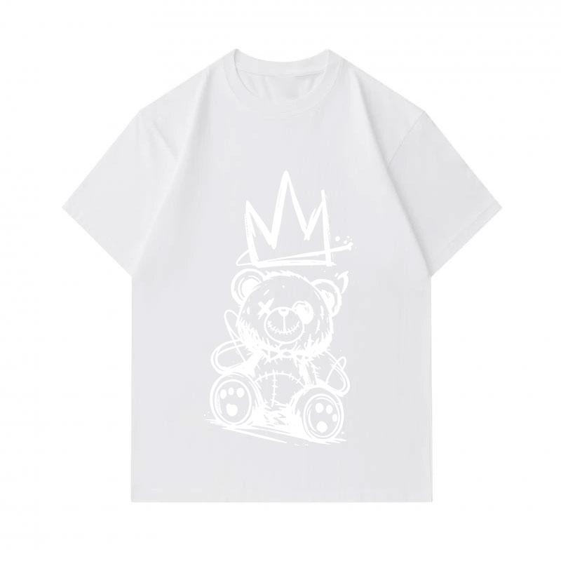 Men's 100% Cotton Crew Neck Short Sleeve T-Shirt, Funny Stitch Teddy Bear Wearing Crown Graphic Print Casual Breathable Soft Tee Top for Daily Streetw