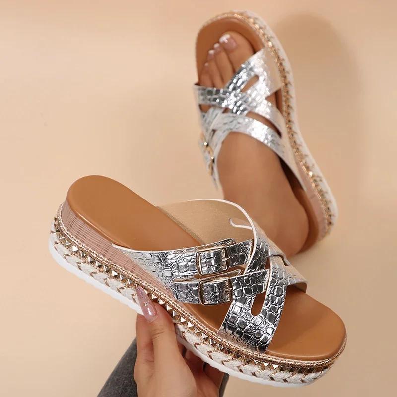 Fashion Women Shoes Fashion Cross Band Wedges Sandals Luxury Women Summer 2025 Platform Thick Bottom Slippers Plus Size Pu Leather Slide