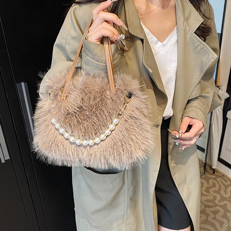 Hairy Handbag Pearl Chain Plush Small Square Bag For Women Fashion Elegant Shoulder Crossbody Bag Autumn Winter Versatile Totes