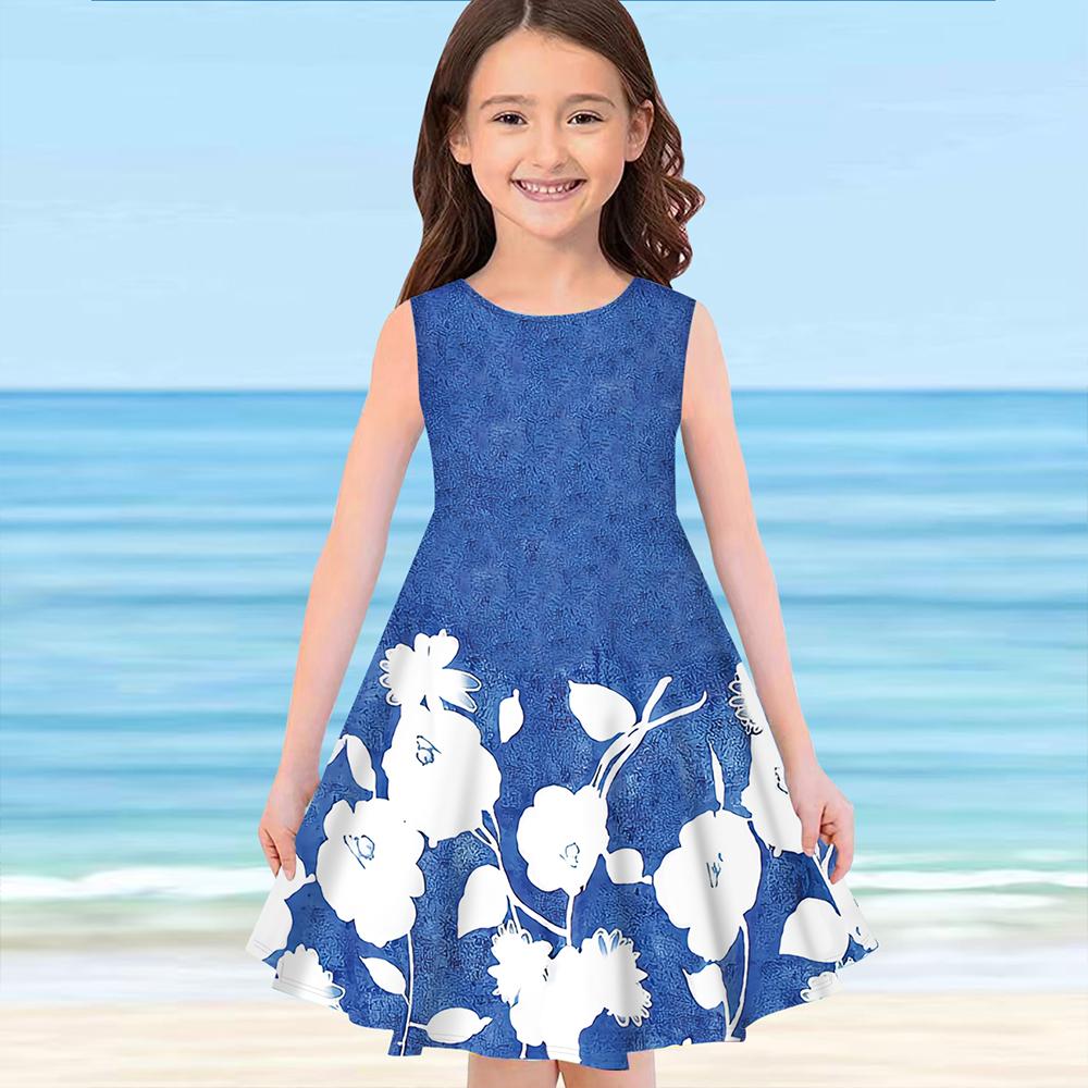 Girls' Dress Sleeveless 3D Light Elegance Blue Print Summer Daily Cute Casual Sweet Kids A Line Dress Tank Dress