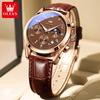 OLEVS Top Brand Classic Moon Phase Quartz Watch Men Leather Strap Waterproof Luminous Date Chronograph Wristwatch Mens