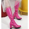 Woman Gogo Boots Square Heel Knee-High Classic Square Toe Boots PU Leather Zip Boots Unisex Party Dress Dance Shoes