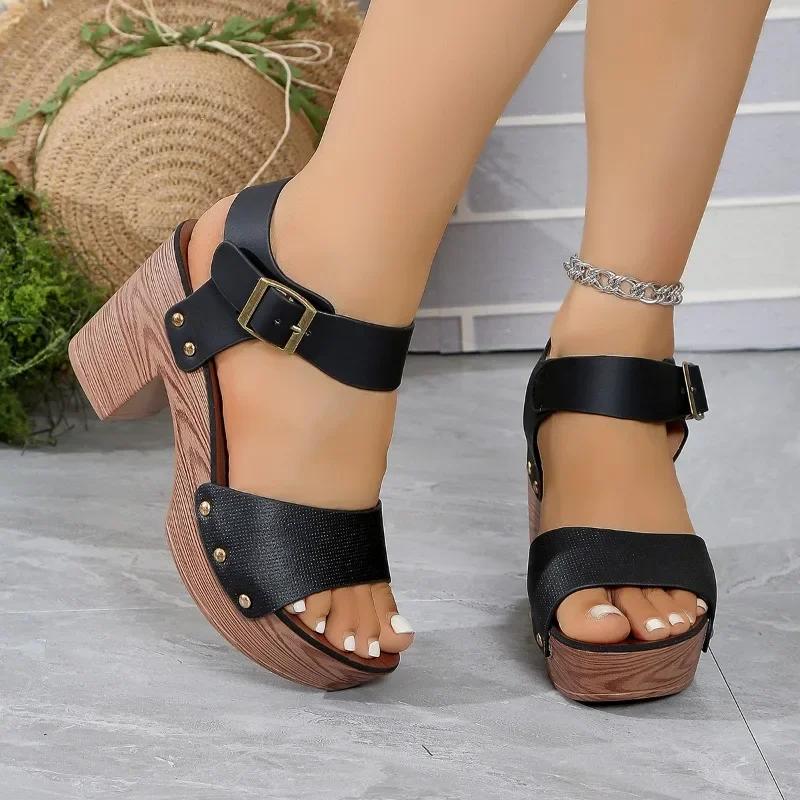 2024 Большие размеры Женская обувь Римские сандалии Уличные формальные сандалии Женские заклепки с пряжками на ремешках Толстая подошва Толстые каблуки Женские