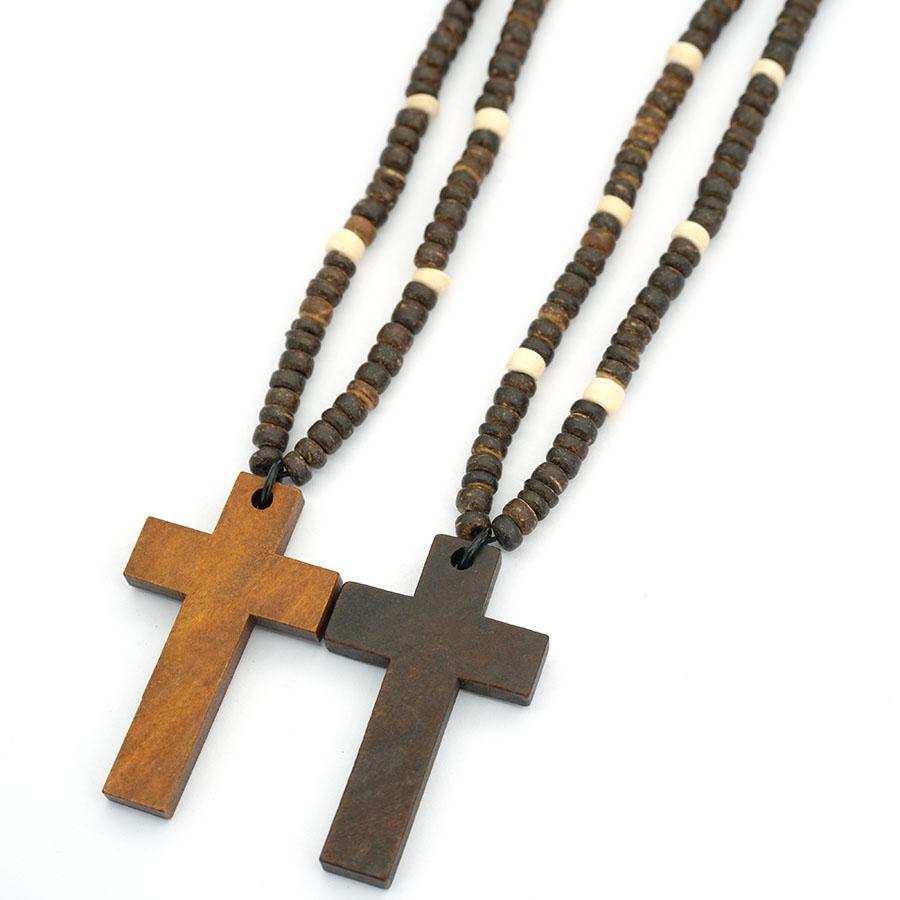 Noter Vintage Wooden Cross Pendant Necklace For Men Handmade Brown Wood Beaded Chain Catholic Christian Religious Jewelry Gift