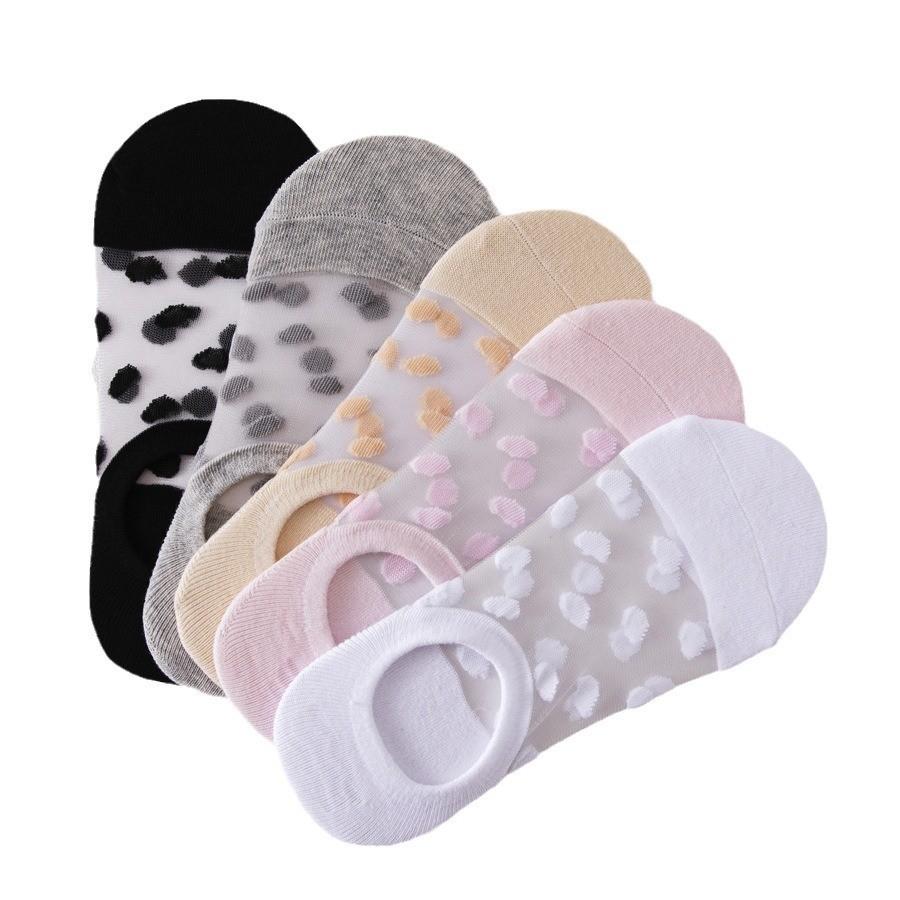 5Pairs Round Dot Socks Women's Summer Thin Transparent Invisible Boat Socks Breathable Short Sock Mesh Ultra-thin Non-slip Socks