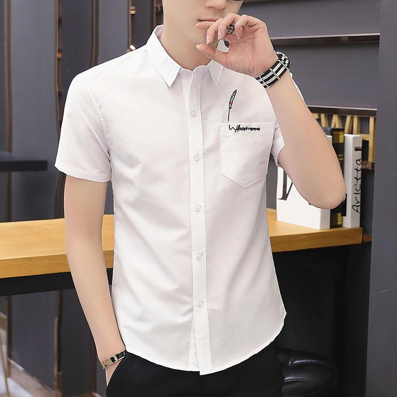 Summer Men's Short-sleeved Shirt Trend Fashion Embroidery Shirt Slim Work Men's Professional Inch Shirt