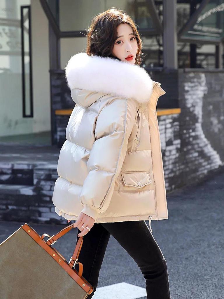 Women's Shiny Down Jacket with Large Fur Collar – Wash-Free, Wipeable, and Thick for Winter