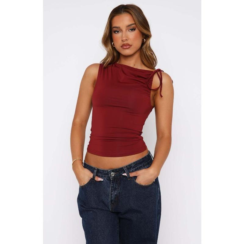 Женский летний топ без рукавов с покатым воротником, завязывающимся на шнурок, плиссированный топ с открытым пупком, жилеты и кофты