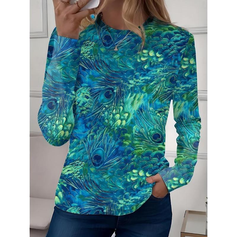 Women's Casual T-shirt 3D Printed Flower Print Round Neck Retro Elegant Long Sleeves Women's Fashion Pullover Long Sleeve Tops