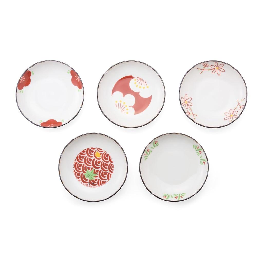 Saikaitoki Red Painting Variations Chrysanthemum Shape Small Plates Set 5