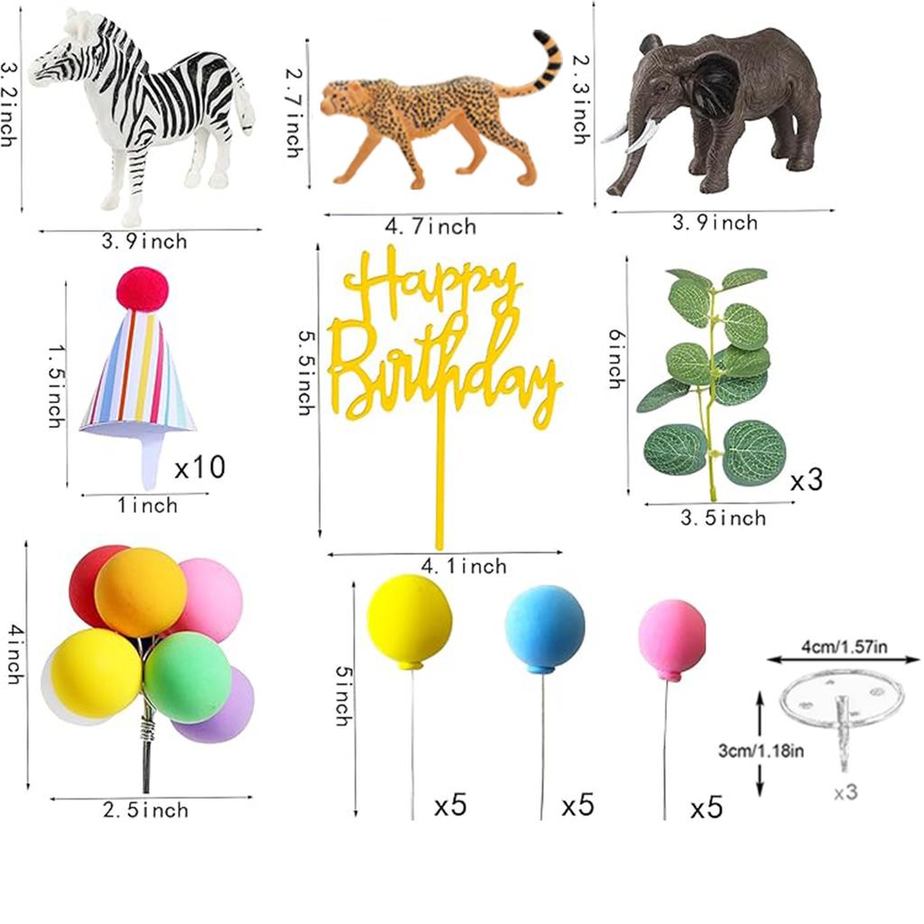 Safari Animal Cake Toppers with Mini Birthday Party Hat Color Balls Cake Decorations for Jungle Wild Themed Party Supplies