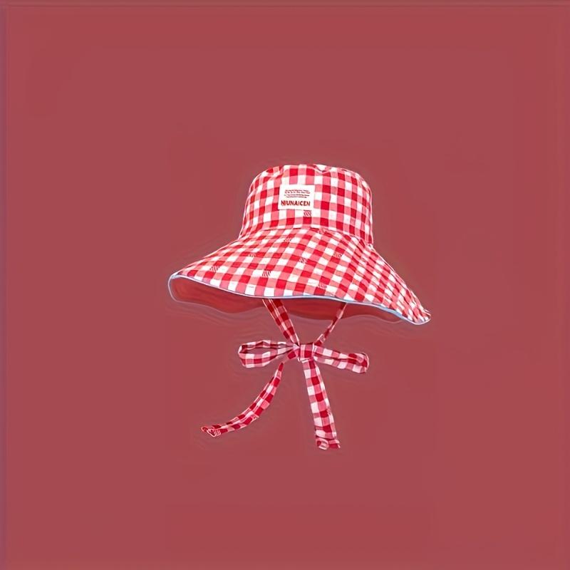 New Style Checked Wide-Brim Summer Sun Hat - Lightweight Foldable Double-Sided Lace-Up Boater Bucket Hat with Adjustable Closure