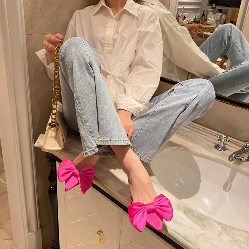 Мода Модные женские тапочки на тонком низком каблуке Черные розовые красные туфли с острым носком Большой бант Дизайн Летняя пляжная обувь Элегантные мюли