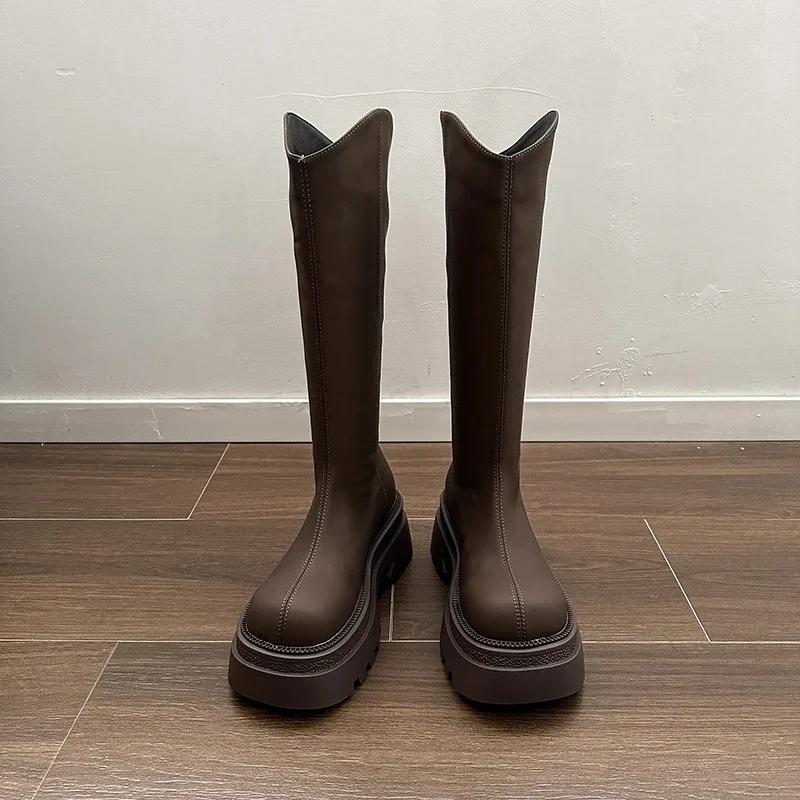 Модные массивные женские ботфорты до колена, модные ботильоны на молнии сзади, рыцарские длинные ботинки на квадратном высоком каблуке, осенне-зимняя обувь