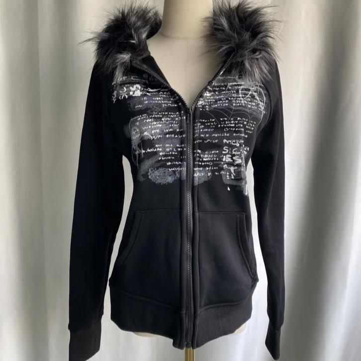 Худи в стиле гранж пэчворк из меха Y2k Женская уличная одежда Винтажная толстовка с капюшоном с готическим принтом Харадзюку Эстетичная приталенная куртка