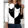 Contrast Color Classic Black White Cat Print T Shirt Women Cute Fashion Long Sleeve Tops Oversized Casual Streetwear Loose Shirt