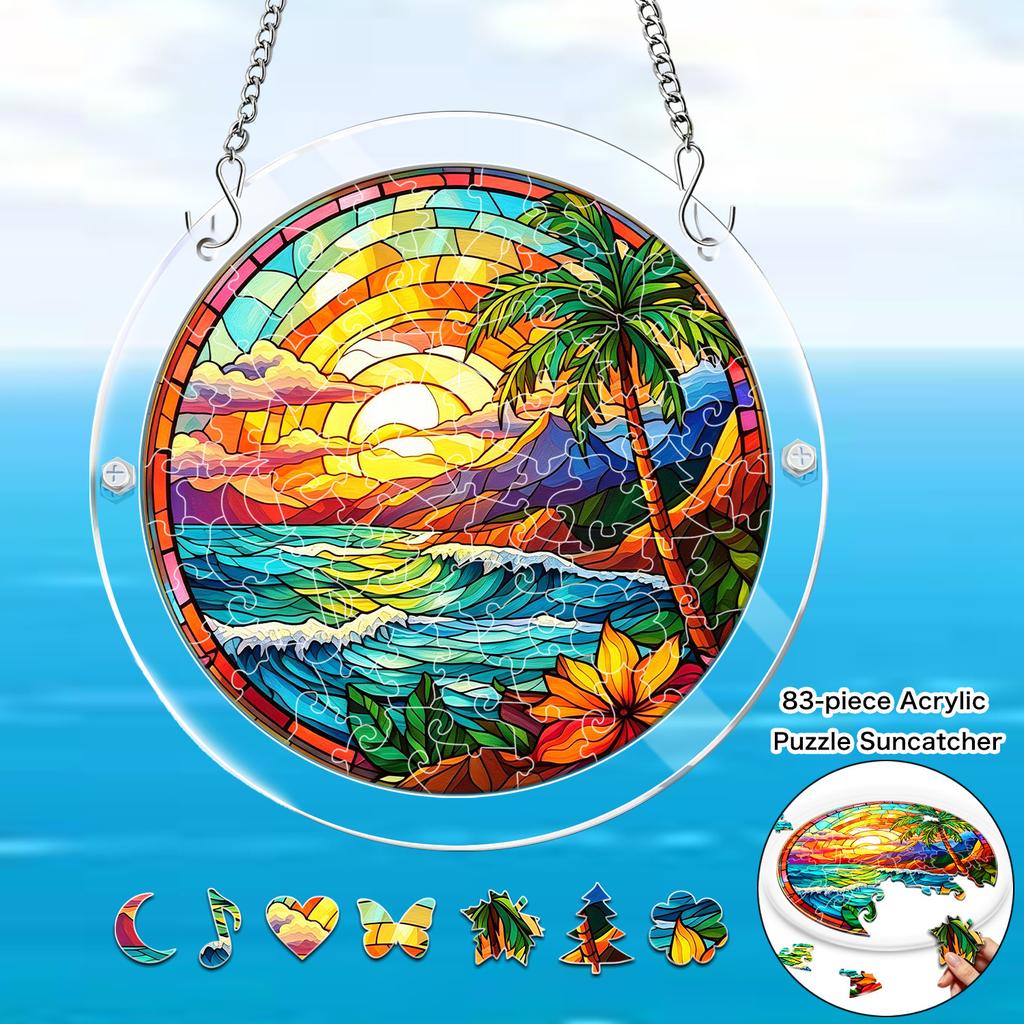 1Set/83pcs 18.8Cm Acrylic Jigsaw Tropical Palm Tree Sunset Stained Glass Acrylic Jigsaw Puzzle Sun Catcher, Beach Ocean Prism Light Refraction Window