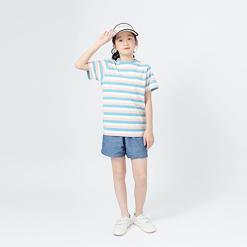 Детская одежда летняя корейская версия нового женского сокровища с коротким рукавом для больших детей трикотажный полосатый топ для девочек с коротким рукавом футболка