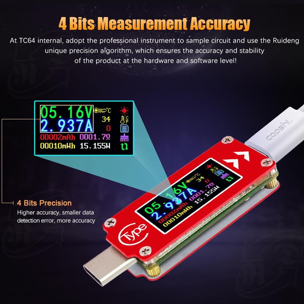TC64 Тип C Цветной ЖК-дисплей USB Вольтметр Амперметр Измеритель напряжения и тока Мультиметр Аккумулятор PD Зарядка Пауэрбанк USB