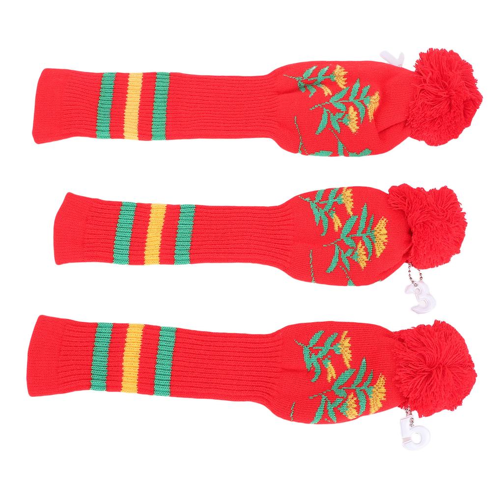 3pcs Knitted Club Head Covers Set with Long Neck Pom Pom Decoration Soft Club Head Protector Snug Fit Red