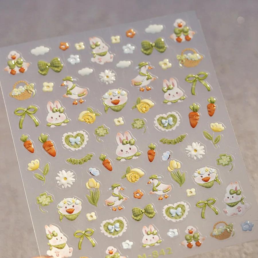 5D Cute Rabbit Love Peach Blossom Flower Yellow Nail Art Stickers Bowknot DIY Self Adhesive Rhinestone Manicure Decals